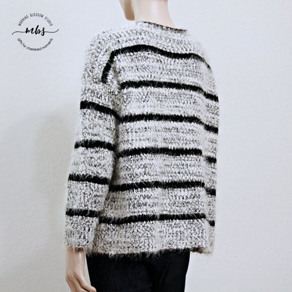 Calvin Klein Striped Fuzzy Crew Neck Long Sleeve Sweater Black White Women Size - Picture 7 of 11
